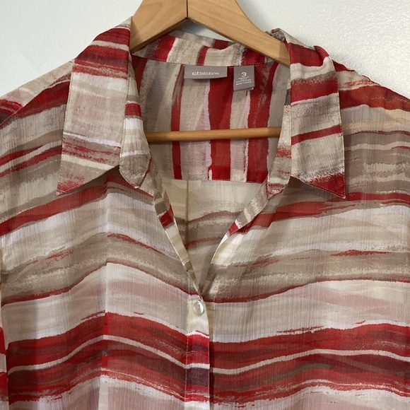 Chico's Red Gray Striped Blouse 3/4 sleeve semi sheer button front shirt 3 or XL - Picture 2 of 10